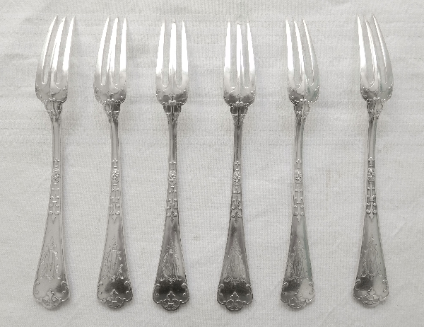 Sterling silver flatware dessert set for 6, Gothic style, Fer de Lance pattern, silversmith Puiforcat