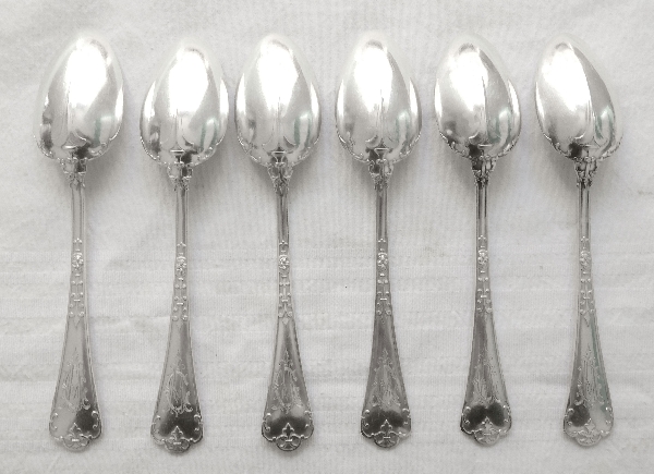 Sterling silver flatware set for 6, Gothic style, Fer de Lance pattern, silversmith Puiforcat