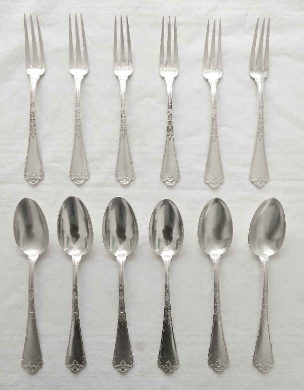 Sterling silver flatware dessert set for 6, Gothic style, Fer de Lance pattern, silversmith Puiforcat