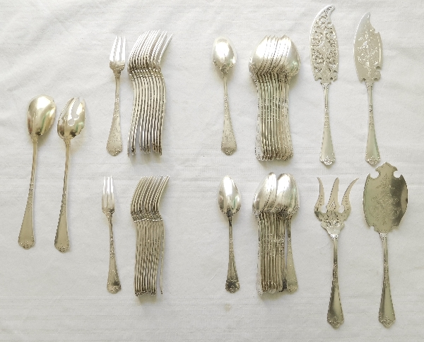 Sterling silver flatware set for 6, Gothic style, Fer de Lance pattern, silversmith Puiforcat