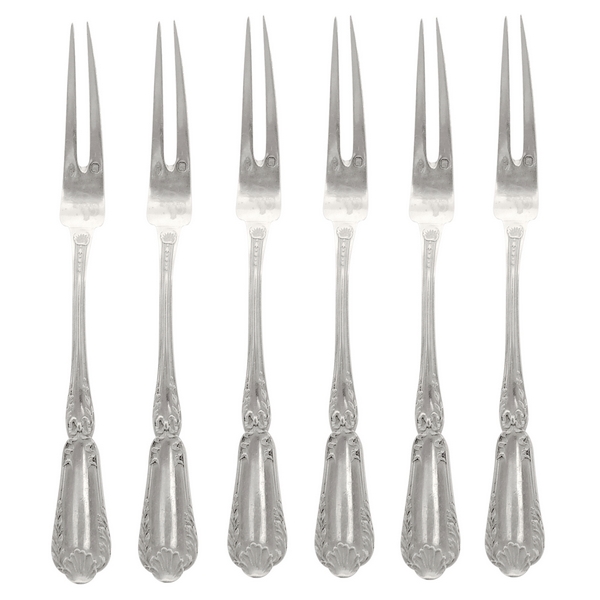 Puiforcat : set of 6 sterling silver snales forks, Transition style Pompadour pattern