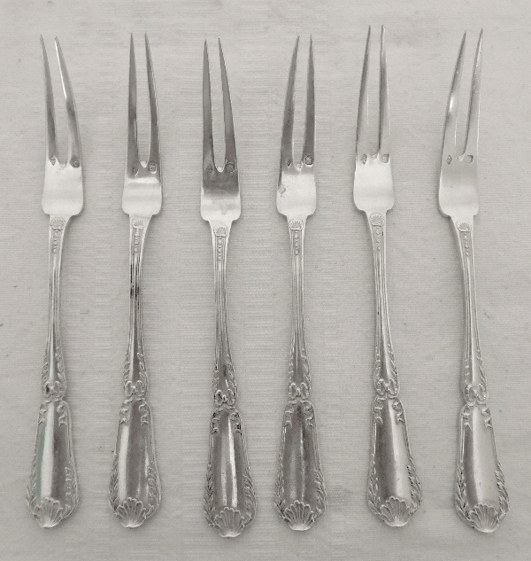 Puiforcat : set of 6 sterling silver snales forks, Transition style Pompadour pattern