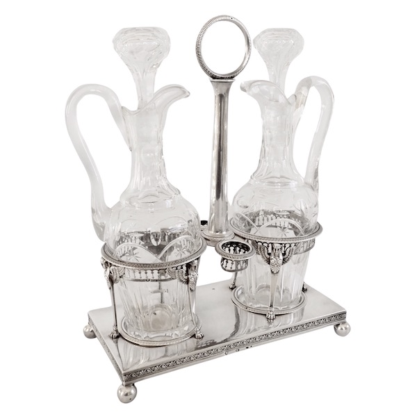Empire sterling silver oil and vinegar set, French hallmark Rooster, early 19th century