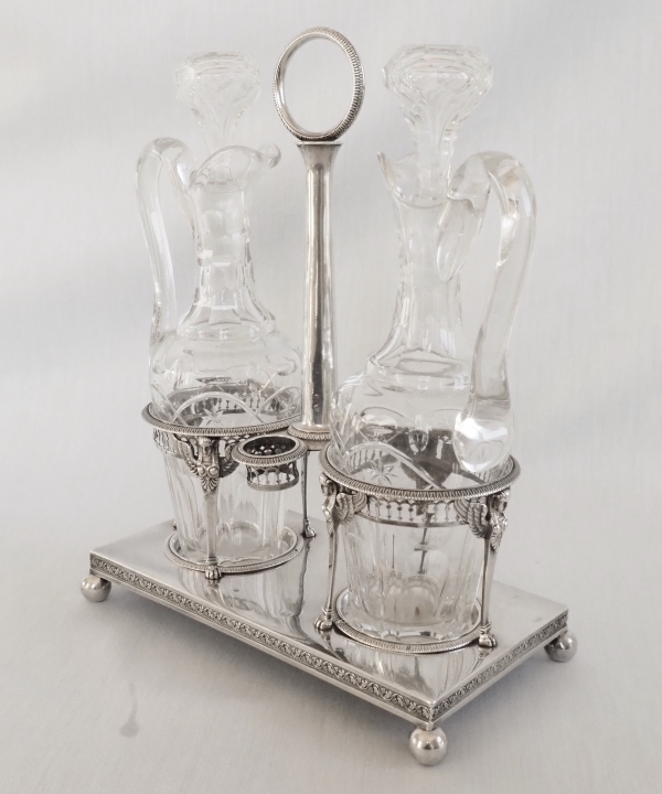 Empire sterling silver oil and vinegar set, French hallmark Rooster, early 19th century