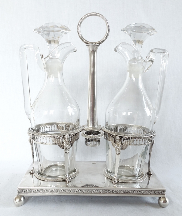 Empire sterling silver oil and vinegar set, French hallmark Rooster, early 19th century