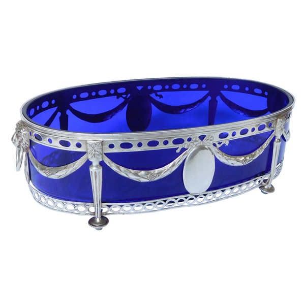 Sterling silver and cobalt blue crystal Louis XVI table centerpiece / jardiniere - 18th century