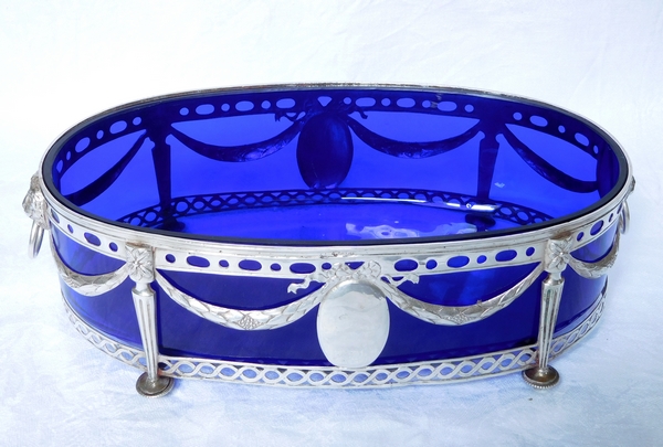 Sterling silver and cobalt blue crystal Louis XVI table centerpiece / jardiniere - 18th century