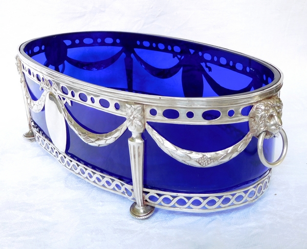 Grande jardinière Louis XVI en argent massif et cristal bleu cobalt - fin XVIIIe siècle / début XIXe siècle