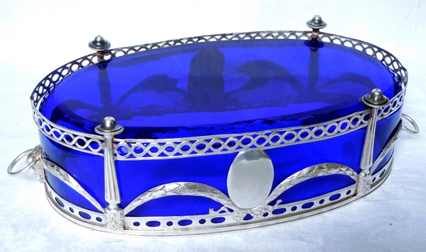 Sterling silver and cobalt blue crystal Louis XVI table centerpiece / jardiniere - 18th century