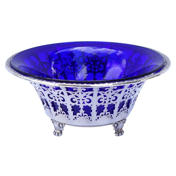 Empire style sterling silver and cobalt blue crystal crackers / candy bowl