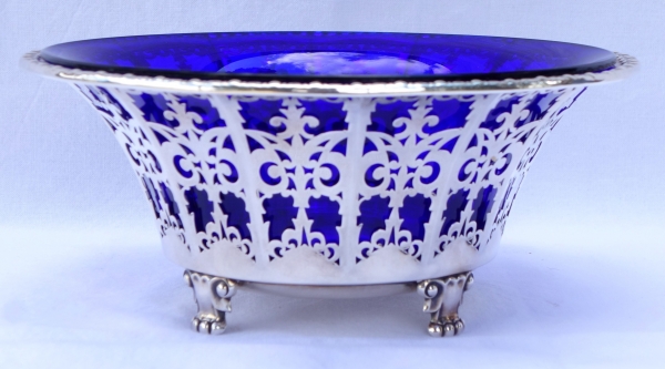 Empire style sterling silver and cobalt blue crystal crackers / candy bowl