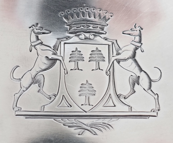 Large sterling silver vegetable dish, coat of arms and crown of count, 19th century circa 1850