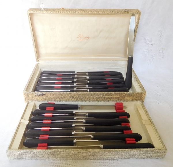 Set of ebony knives - 12 table knives and 12 cheese knives - cutlery maker Lepine