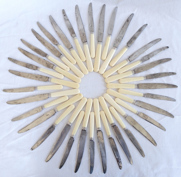Ménagère de couteaux pour 18, style Louis XVI, ivoire et argent massif - 36 pièces