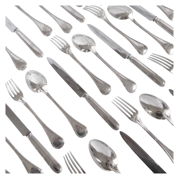 Puiforcat : sterling silver Louis XVI style flatware for 12 - 36 pieces - coat of arms
