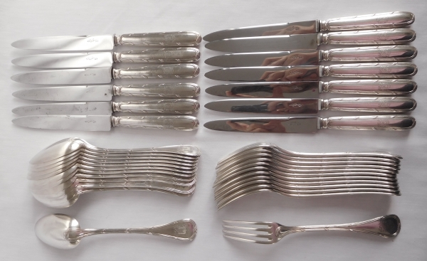 Puiforcat : sterling silver Louis XVI style flatware for 12 - 36 pieces - coat of arms