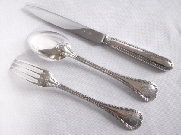 Puiforcat : sterling silver Louis XVI style flatware for 12 - 36 pieces - coat of arms