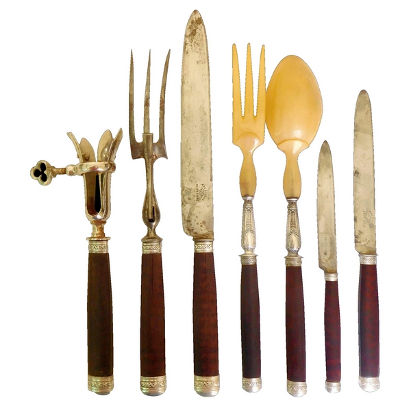 Antique French mahogany & silver cutlery set for 12, 29 pcs