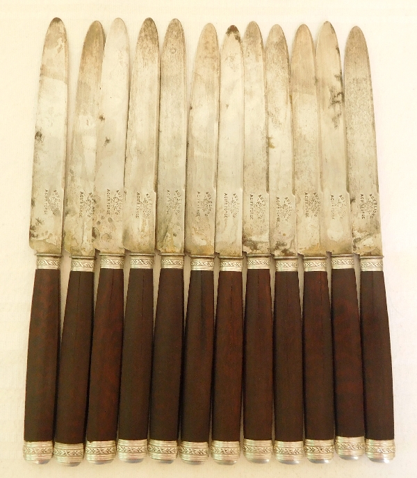 Antique French mahogany & silver cutlery set for 12, 29 pcs