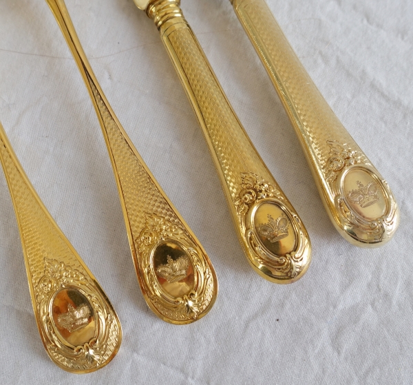 Vermeil dessert set for 12 guests (sterling silver) - crown of Prince - silversmith Pierre Queillé