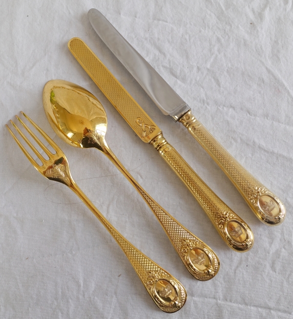 Vermeil dessert set for 12 guests (sterling silver) - crown of Prince - silversmith Pierre Queillé