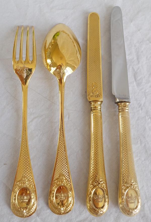 Vermeil dessert set for 12 guests (sterling silver) - crown of Prince - silversmith Pierre Queillé