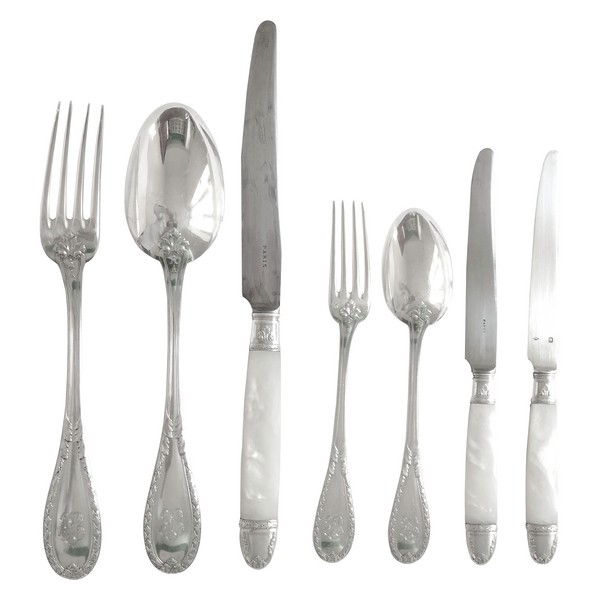 Louis XVI style sterling silver flatware for 12 - 84 pcs - silversmith Laparra & Gabriel