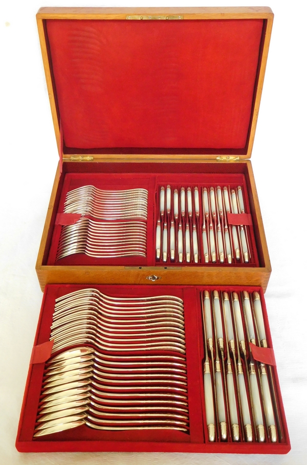 Louis XVI style sterling silver flatware for 12 - 84 pcs - silversmith Laparra & Gabriel