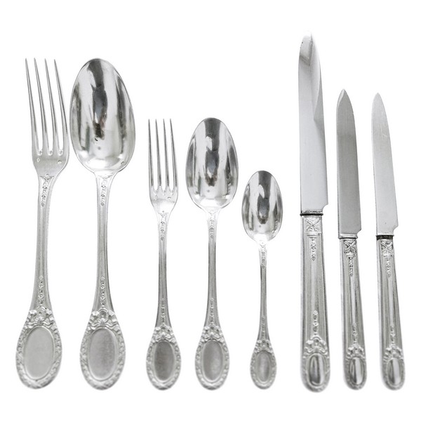 Louis XVI style sterling silver flatware for 12 - 84pcs - silversmith Queille