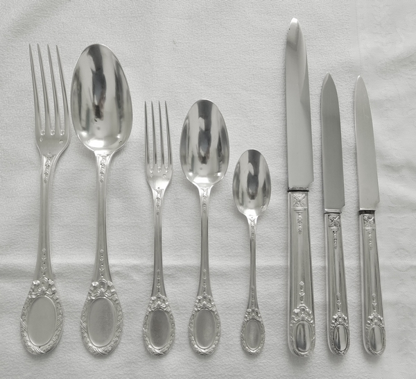 Louis XVI style sterling silver flatware for 12 - 84pcs - silversmith Queille