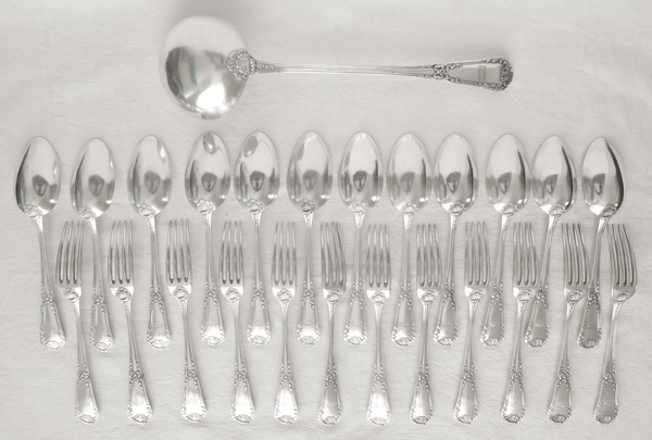 Puiforcat : Antique French sterling silver flatware for 12, Baron crown