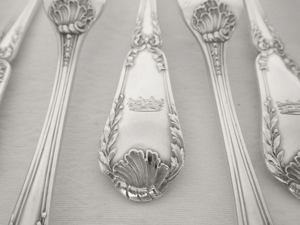 Puiforcat : Antique French sterling silver flatware for 12, Baron crown