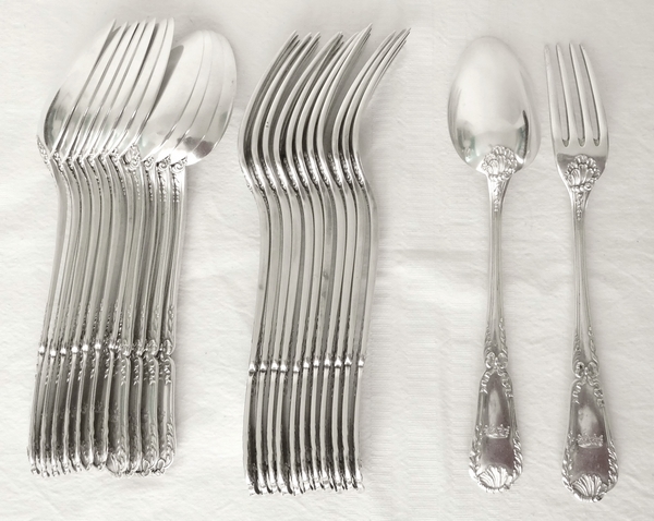 Puiforcat : Antique French sterling silver flatware for 12, Baron crown