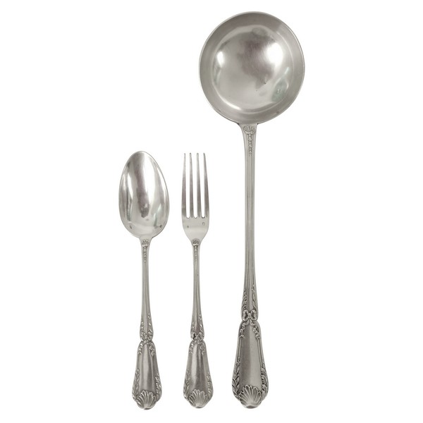 Puiforcat : Antique French sterling silver flatware for 12, Baron crown