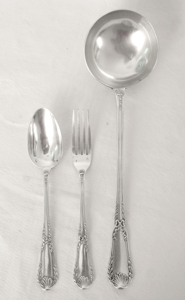 Puiforcat : Antique French sterling silver flatware for 12, Baron crown