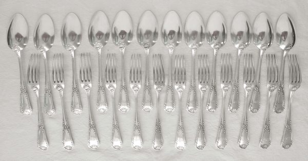 Puiforcat : Antique French sterling silver flatware for 12, Baron crown