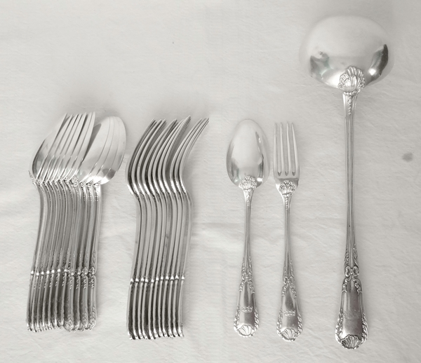 Puiforcat : Antique French sterling silver flatware for 12, Baron crown