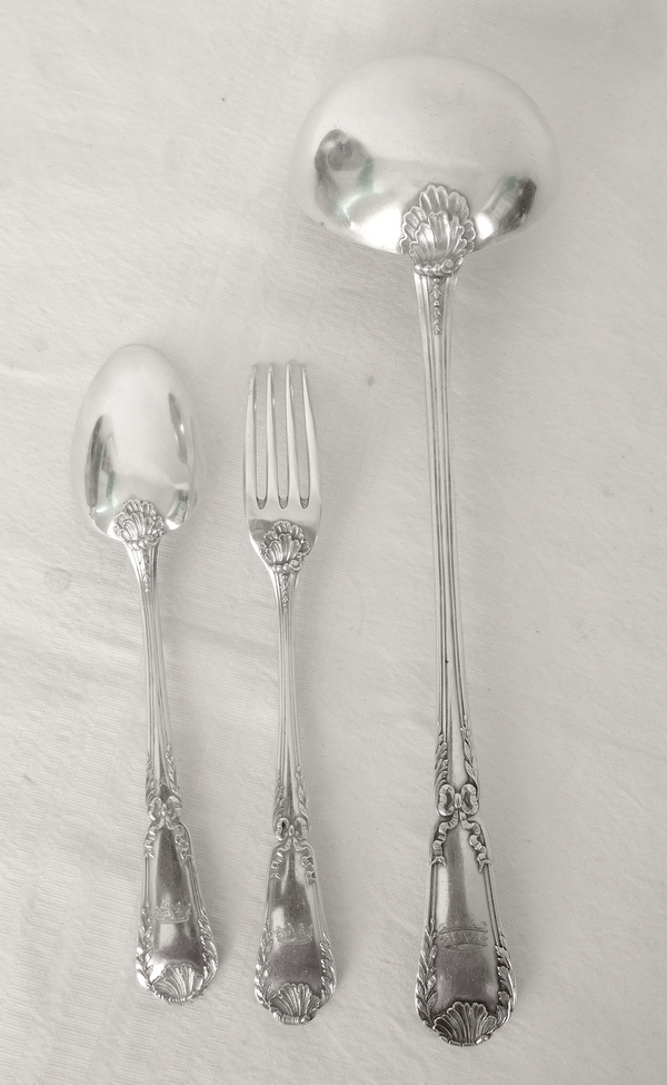 Puiforcat : Antique French sterling silver flatware for 12, Baron crown