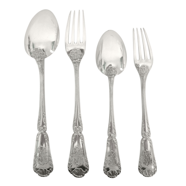 Puiforcat : Antique French sterling silver flatware for 12, Transition Louis XV-Louis XVI style