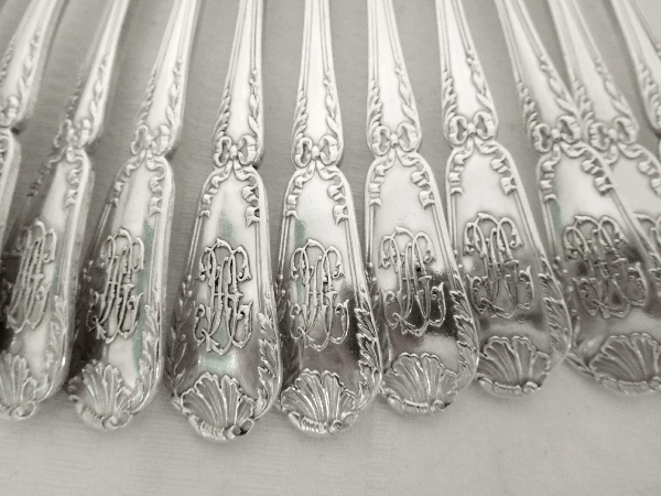 Puiforcat : Antique French sterling silver flatware for 12, Transition Louis XV-Louis XVI style