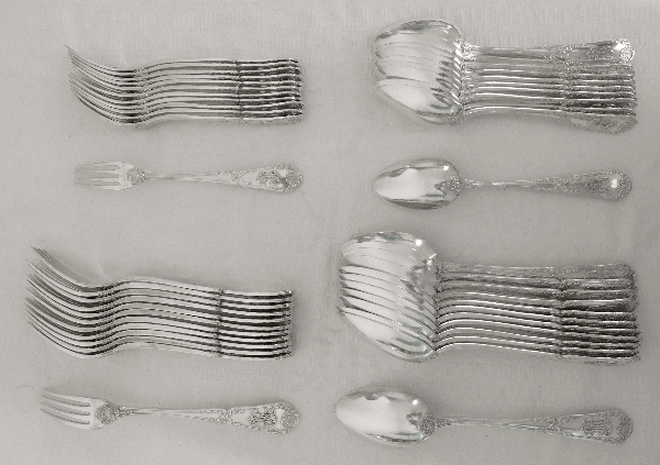 Puiforcat : Antique French sterling silver flatware for 12, Transition Louis XV-Louis XVI style