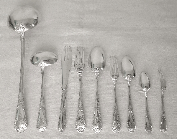 Puiforcat : Antique French sterling silver flatware for 12, Transition Louis XV-Louis XVI style