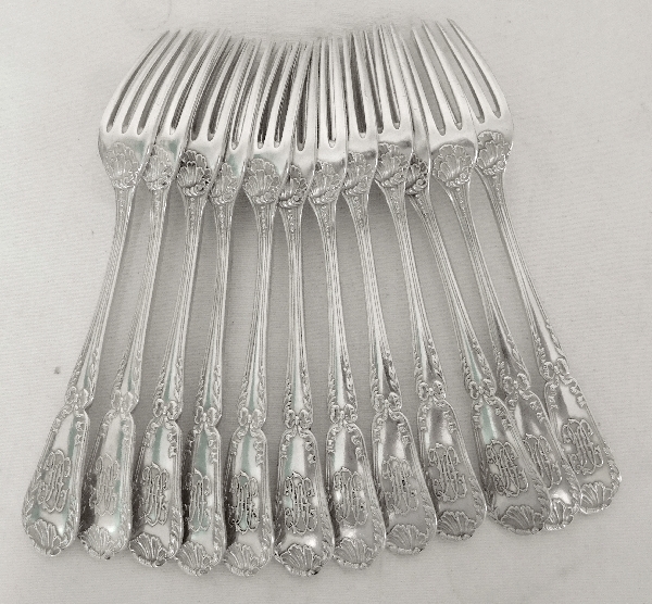 Puiforcat : Antique French sterling silver flatware for 12, Transition Louis XV-Louis XVI style