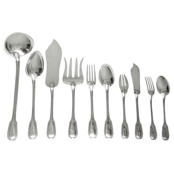 Puiforcat : antique French sterling silver flatware, Louis XVI style Suffren pattern - 76 Pcs