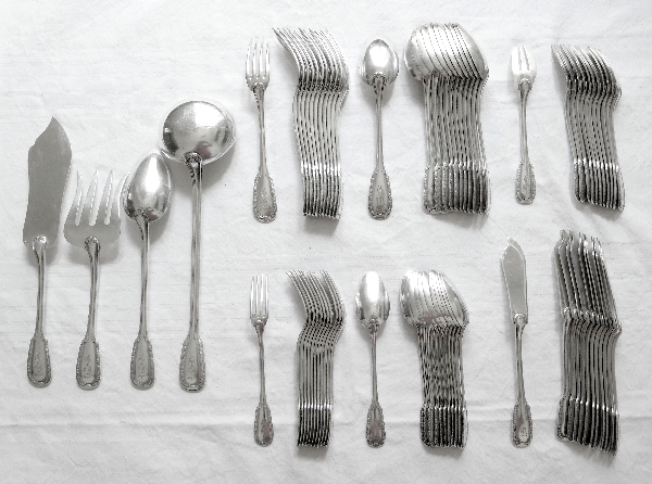 Puiforcat : antique French sterling silver flatware, Louis XVI style Suffren pattern - 76 Pcs