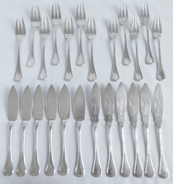 Puiforcat : sterling silver Louis XVI style fish flatware for 12 - 24 pieces - coat of arms