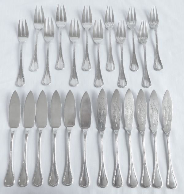 Puiforcat : sterling silver Louis XVI style fish flatware for 12 - 24 pieces - coat of arms