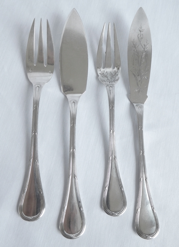 Puiforcat : sterling silver Louis XVI style fish flatware for 12 - 24 pieces - coat of arms