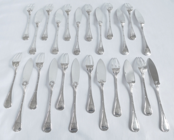 Puiforcat : sterling silver Louis XVI style fish flatware for 12 - 24 pieces - coat of arms