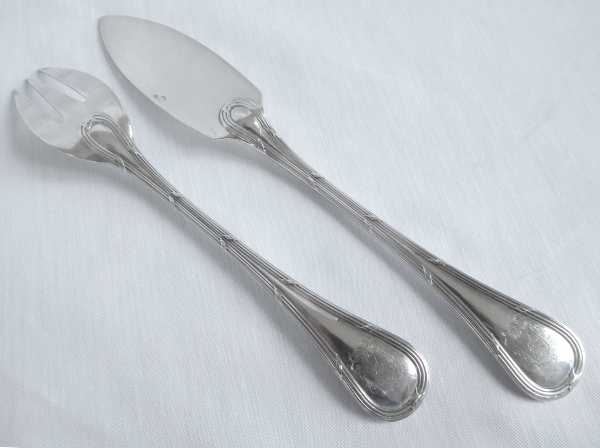 Puiforcat : sterling silver Louis XVI style fish flatware for 12 - 24 pieces - coat of arms